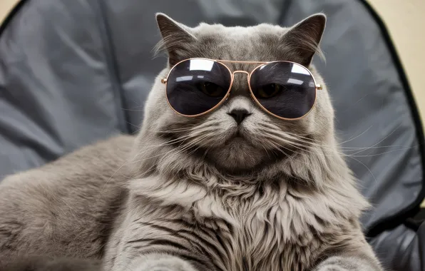 Cat, cat, look, pose, grey, portrait, glasses, lies