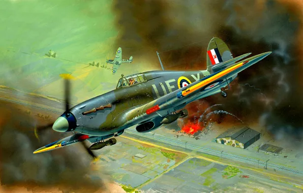 Picture the explosion, smoke, UK, fighter-bomber, Hurricane Mk IIB, bombs, twelve 7.7 Browning machine guns.303, The …