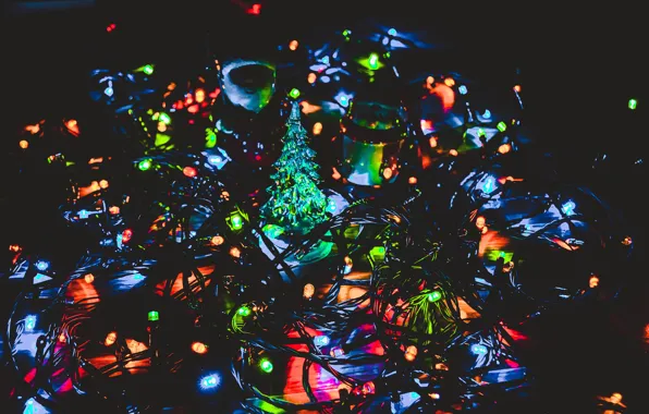 Macro, light, night, tree, new year, beauty, the evening, Garland