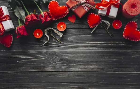 Love, flowers, holiday, gift, roses, candles, hearts, Valentine's day