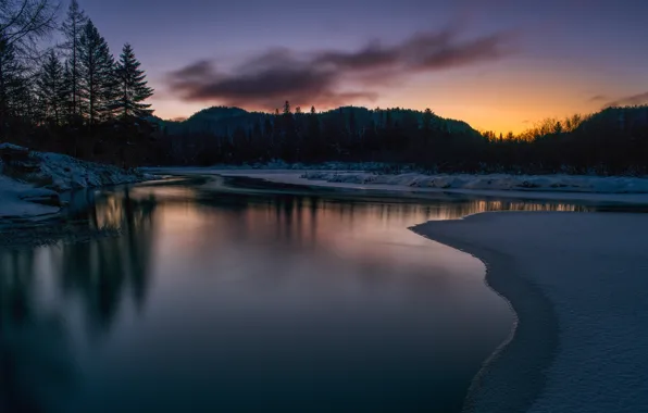 Winter, forest, sunset, pond