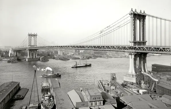 Bridge, retro, river, ship, New York, USA, 1908-the year