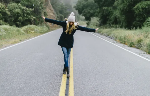 Road, girl, pose, hat, jacket