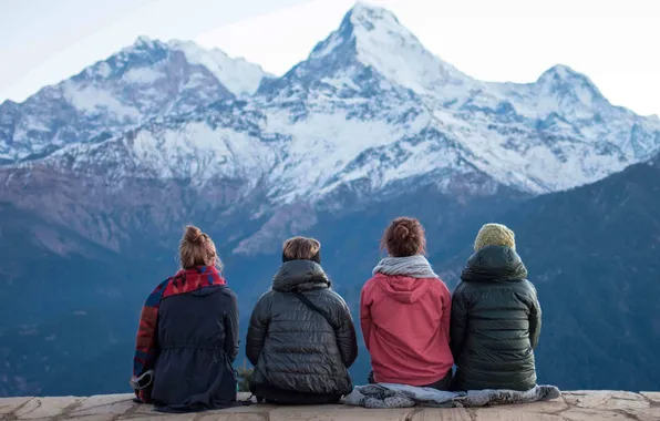 Girls, mountain, sitting