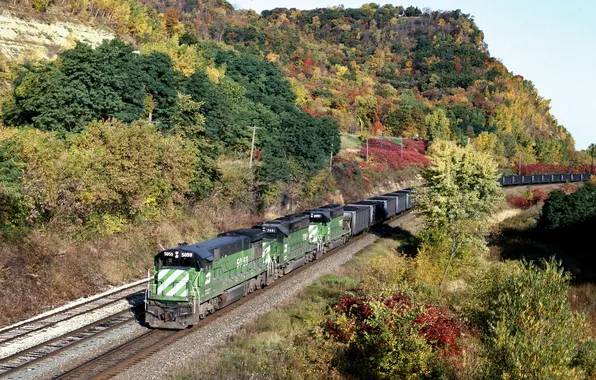Picture trees, mountains, the way, foliage, cars, railroad, mound, freight train