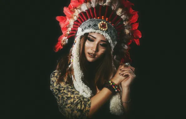 Picture girl, face, style, hair, feathers, beauty, headdress