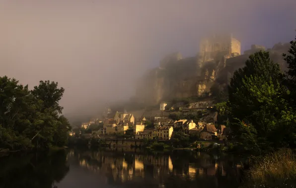 Fog, castle, France, morning, medieval, Château de Beynac, the Dordogne river