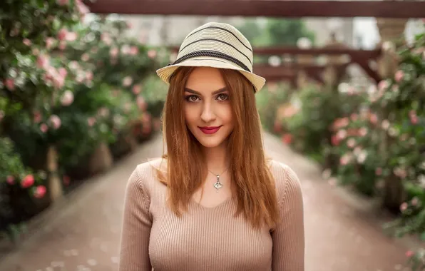 Look, flowers, model, portrait, hat, makeup, dress, hairstyle