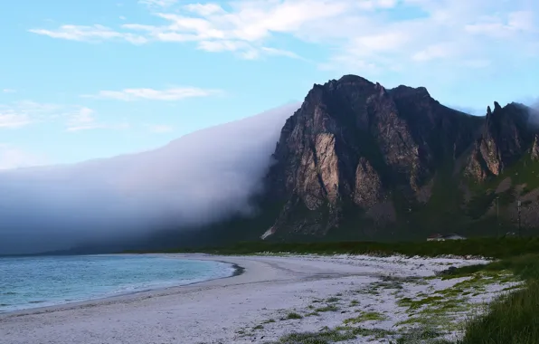 Picture sand, sea, beach, grass, clouds, mountains, fog, rocks