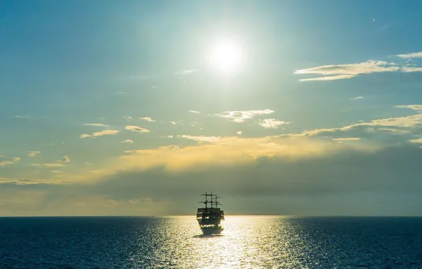 The sky, the sun, clouds, reflection, the ocean, ship, sailboat, horizon