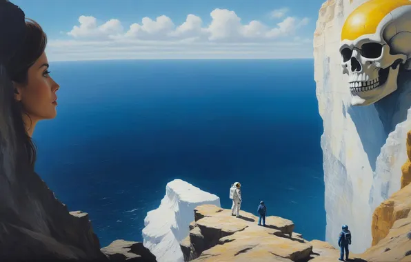 Girl, people, the ocean, rocks, skull, astronauts, another world