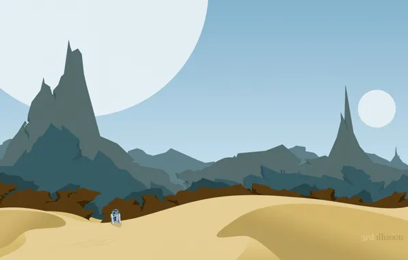 Picture mountains, desert, planet, robot, star wars, r2d2