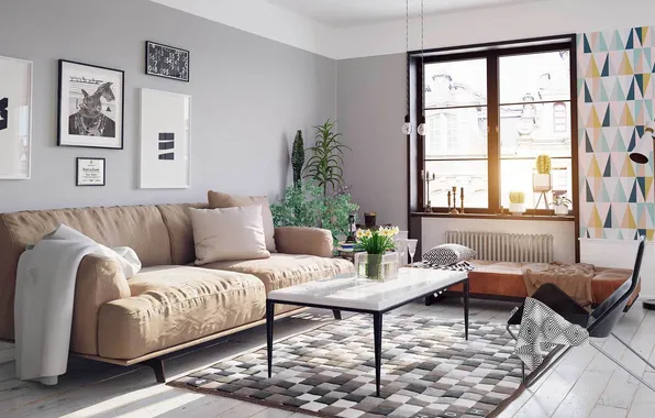 Design, style, room, interior, plants, pictures, sofa, living room