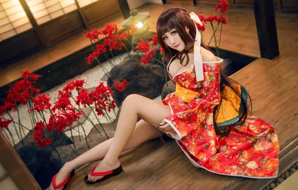 Picture chest, look, girl, light, flowers, red, face, sexy