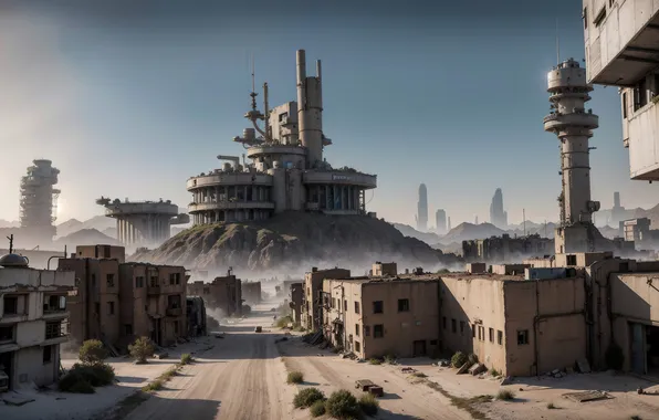 Landscape, wasteland, Futuristic, si-fi, Stable Diffusion, neuronet, Ai art, fallen utopia
