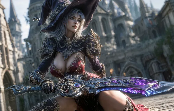 Castle, magic, attack, sword, hat, armor, area, neckline