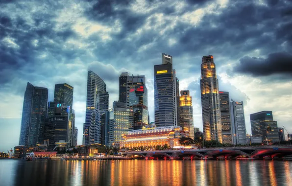 Clouds, city, the city, the evening, skyscrapers, pond
