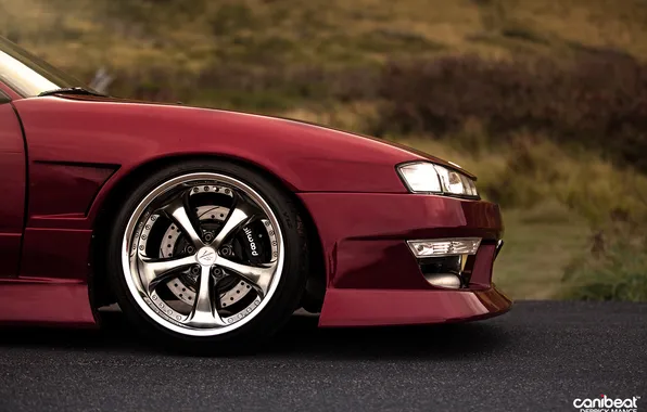 Tuning, wheel, disk, red, Nissan, the view from the side, stance, S13