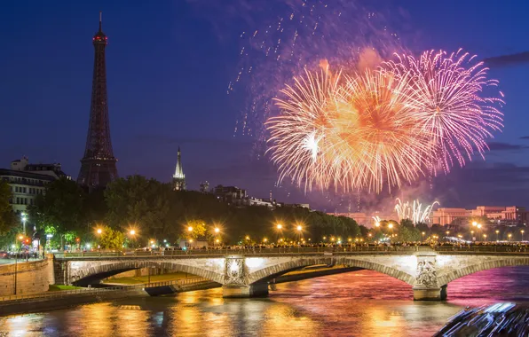 Picture night, bridge, the city, river, Paris, salute, Paris sunset, France - July 2012