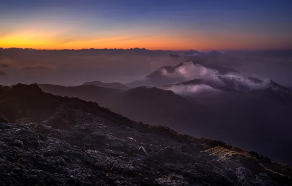 The sky, clouds, light, landscape, sunset, mountains, fog, stones