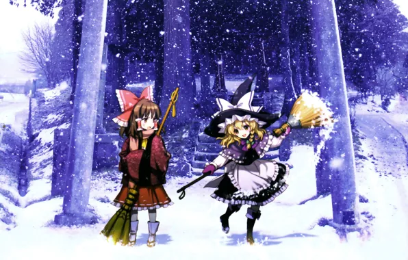Winter, hat, ladder, broom, snowfall, touhou, art, an2a