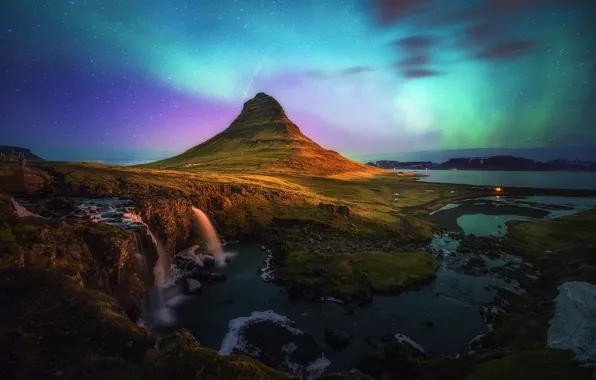 Picture the sky, stars, night, mountain, Iceland