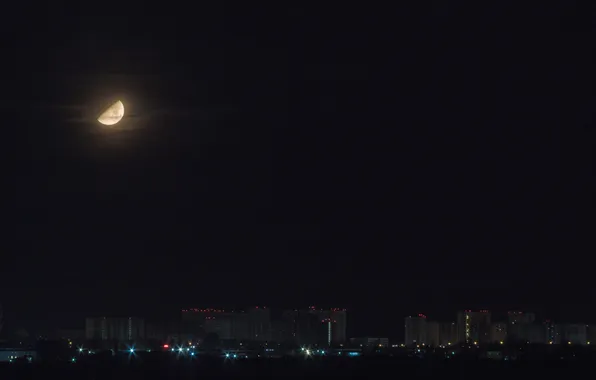 The sky, night, the city, the moon, building, home, lights, Russia