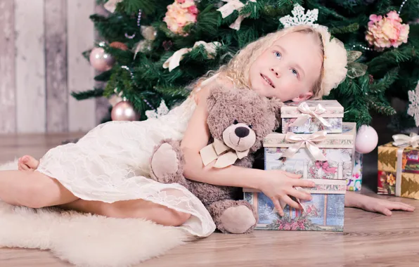 Mood, holiday, toy, bear, girl, gifts, New year