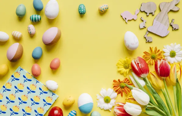 Grass, flowers, chamomile, spring, colorful, Easter, tulips, chrysanthemum