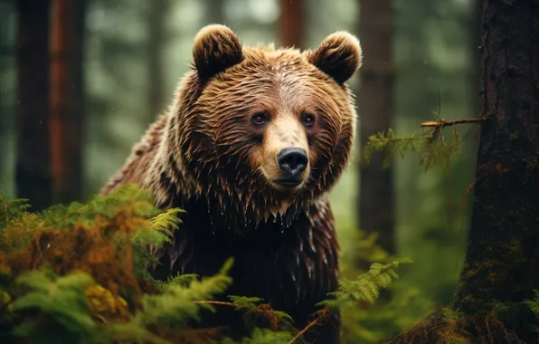 Forest, look, face, trees, branches, nature, portrait, bear