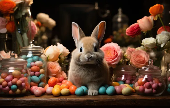 Look, light, flowers, holiday, hare, eggs, spring, rabbit