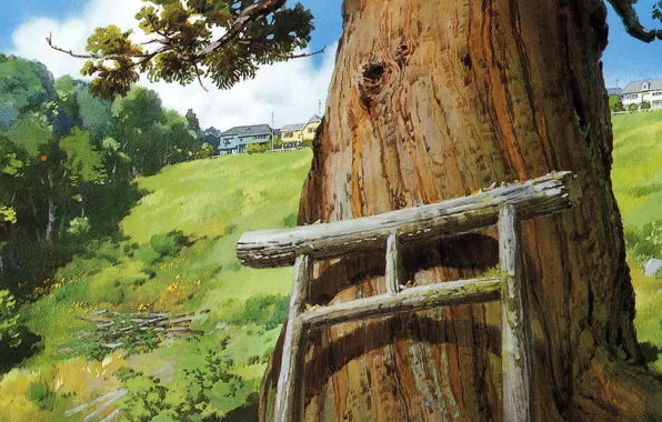 Picture summer, art, Hayao Miyazaki, the trunk of the tree, Spirited Away, Spirited away, torii gate