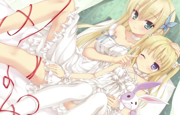 Look, smile, girls, bed, hare, anime, art, blonde