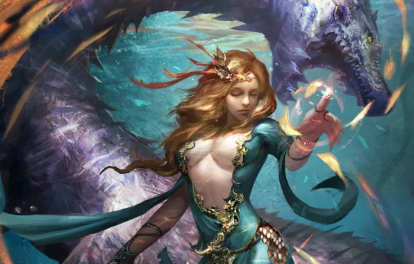 Girl, dragon, art, under water, legend of the cryptids