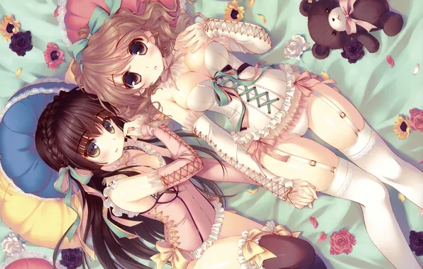 Flowers, tape, girls, toys, roses, stockings, pillow, underwear