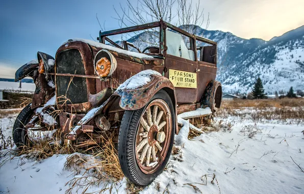 Glass, wood, snow, left, rust, old car