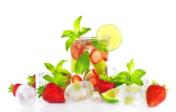 Glass, ice, strawberry, lime, mint