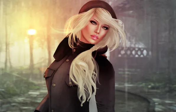 Picture girl, face, rendering, background, hair, blonde, lips, coat