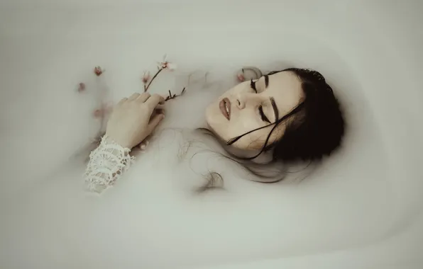 Girl, bath, flowers, Nega