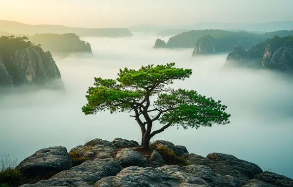 Mountains, fog, stones, tree, Wallpaper, valley, wallpaper, mountains