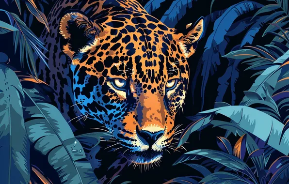 Picture Grass, Look, Jaguar, Face, Predator, Jungle, Art, Digital art