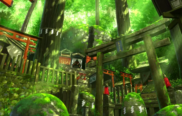 Moss, Japan, stage, temple, Fox, rays of light, sanctuary, kitsune