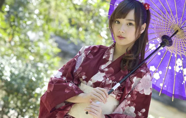 Kimono, brown eyes, umbrella, blurred background, brown eyes, national clothes, kimono, blurred background