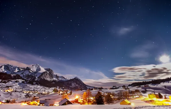 Picture winter, snow, mountains, night, lights, town