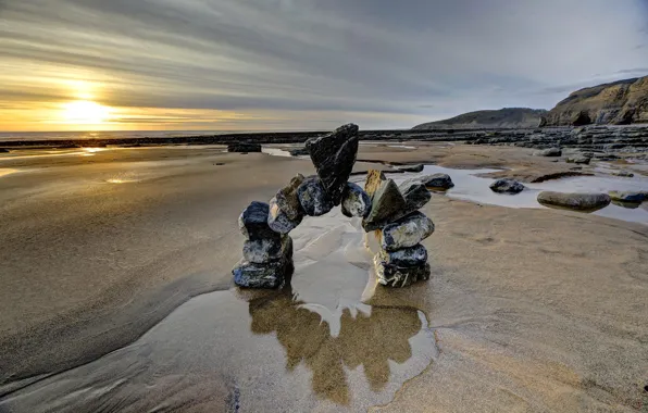 Sand, sea, sunset, stones, Wales