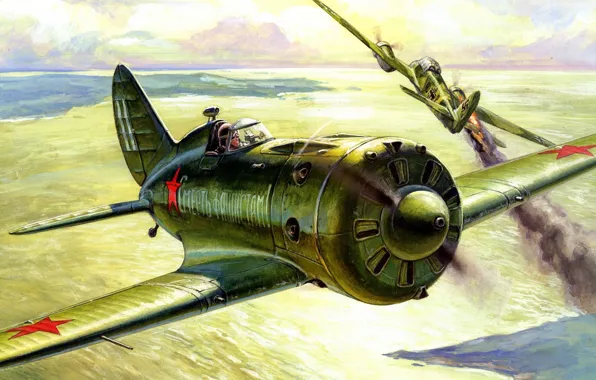 The sky, war, fighter, art, Ass, -16, piston, Polikarpov