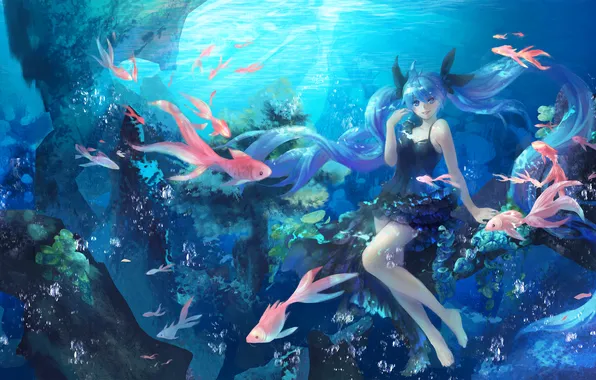 Picture sea, girl, fish, art, vocaloid, hatsune miku, under water, shinkai shoujo