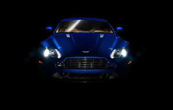 Picture blue, Aston Martin, lights, supercar, twilight, the front, Aston Martin, Vantazh