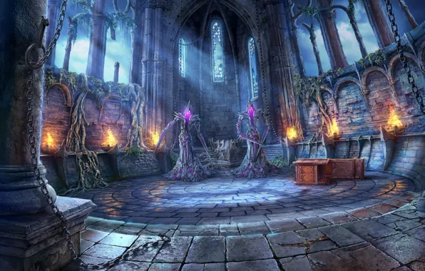 Apocalypse, chain, rays of light, abandoned castle, tree roots, in the main hall, fantastic creatures, …