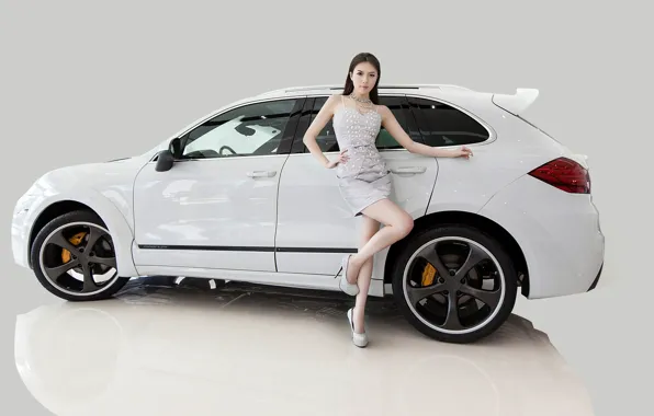 Picture look, background, Girls, Porsche, Asian, beautiful girl, white car, posing on the car